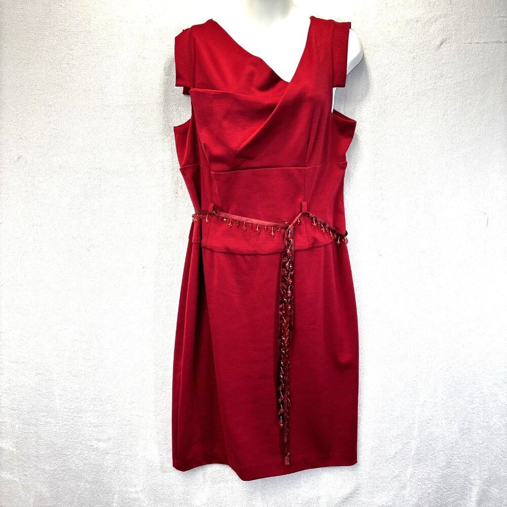 Adrianna Papell Holiday Sheath Dress Womens 14 Red Beaded Belt Stretch Christmas